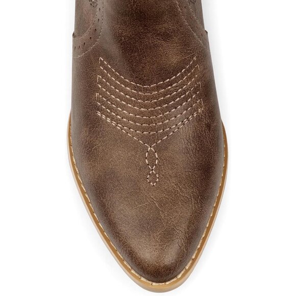 Women Synthetic Brown Boots Mid-calf Pointy Toe Chunky Heels Embroidered Boot - Picture 3 of 7